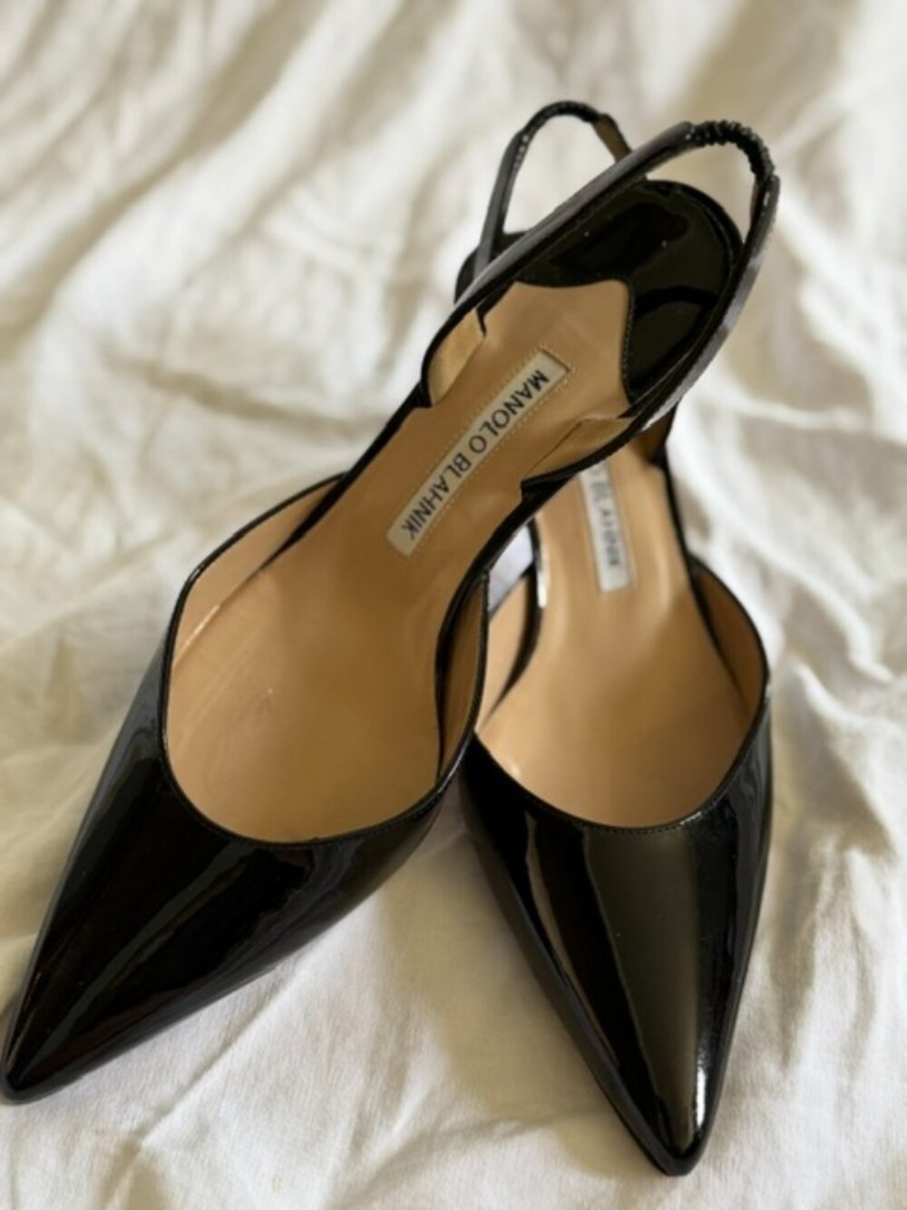 Manolo Blahnik Carolyne Black Patent Slingback Heels – Size 37.5